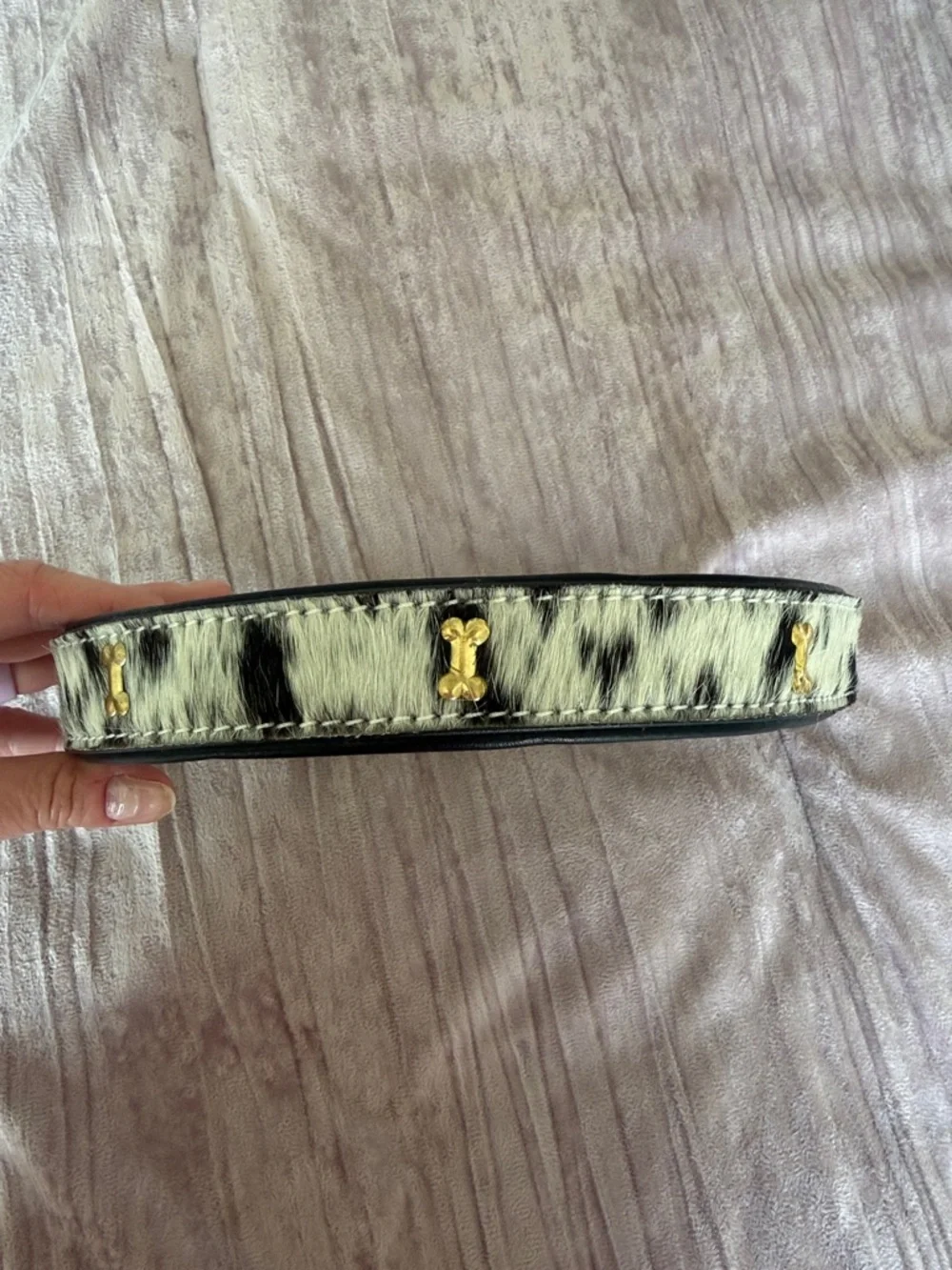 Myra Bag Black and White Cowhide Leather Dog Collar with Gold Hardware